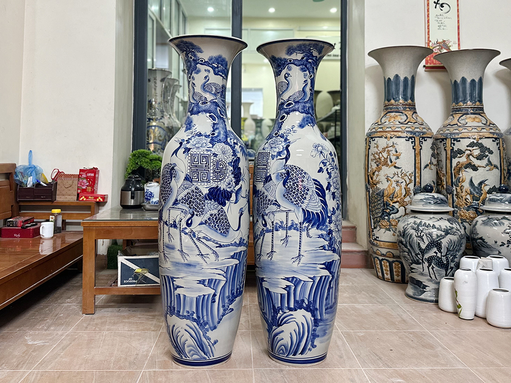 Lọ lộc bình Bát Tràng men lam Tùng Hạc Ngũ Phúc 1m4 2